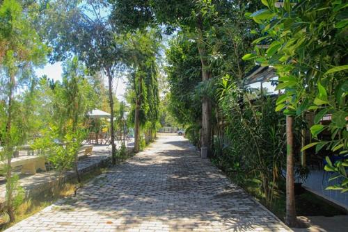 a cobblestone road with trees on both sides at Pondok Wisata dan Restoran Elim in Waingapu