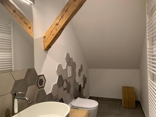 a bathroom with a toilet and a sink at 18Home apartments, Mojstrana in Mojstrana
