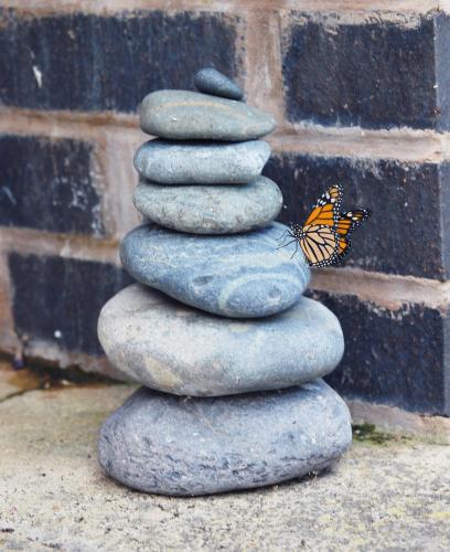 a stack of rocks with a butterfly sitting on top at Marlborough House - Guest House in Oxford