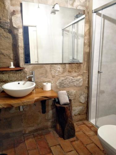 a bathroom with a sink and a mirror and a shower at La Casa de las Tinas 2 in Sajazarra
