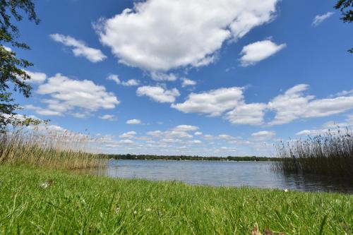 a body of water with grass and clouds in the sky at Seepark Hotel am Wandlitzsee in Wandlitz