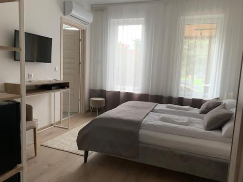 a room with a bed and a tv at Völgy Vendégház in Etyek