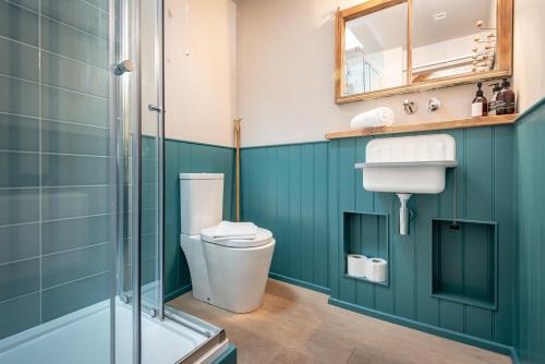 a bathroom with a toilet and a sink at The Cupboard , Cosy Weavers Cottage , Wood Burner in Elie
