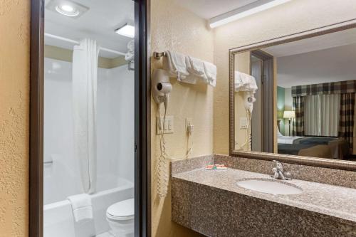 a bathroom with a sink and a toilet and a mirror at Econo Lodge Belton - Kansas City South in Belton