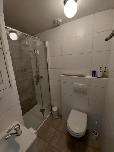 uma casa de banho com um chuveiro, um WC e um lavatório. em Feels Like Home em Haarlem