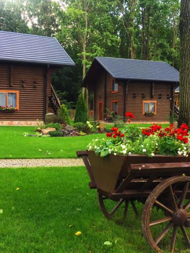 a wooden cabin with a wheelbarrow filled with flowers at Turiyske Podvir'ya in Blazhennik