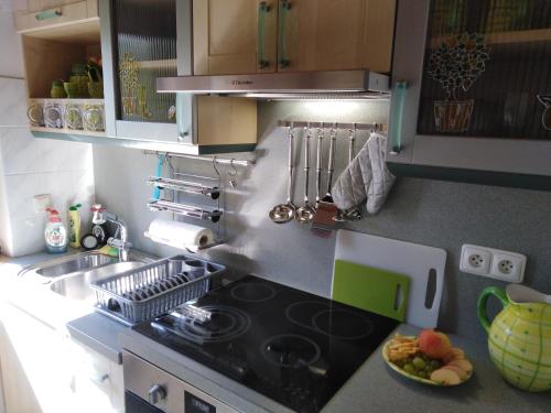 a kitchen with a stove and a bowl of fruit on the counter at CHALUPA OSTRAVICE in Ostravice