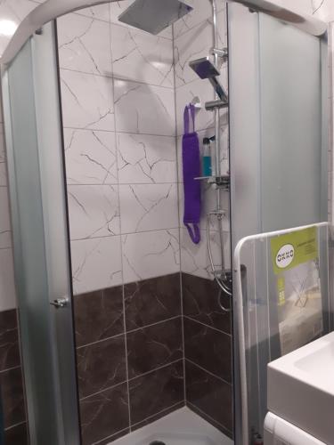 a shower with a glass door in a bathroom at Atmodas studio in Liepāja