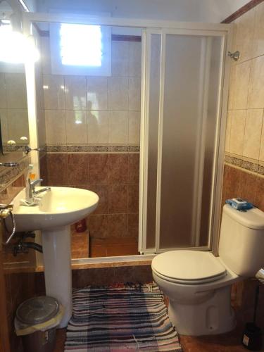 uma casa de banho com um chuveiro, um WC e um lavatório. em Casita los vergas em Las Indias