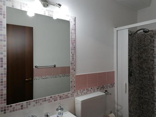 a bathroom with a mirror and a toilet and a sink at La casa di Anita nel cuore di Segesta in Calatafimi