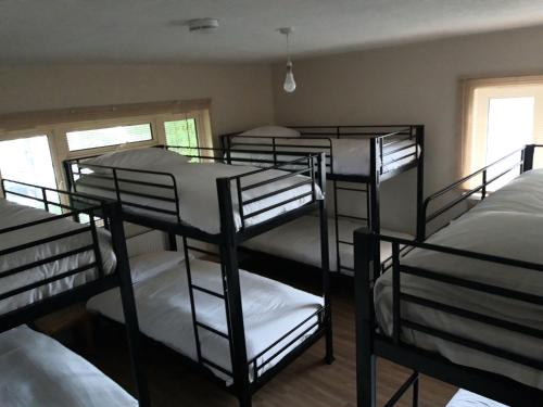a group of bunk beds in a room at Celtic House in Merthyr Tydfil