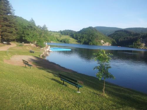 two park benches sitting on the side of a lake at Apartman Novak Zlatar in Nova Varoš