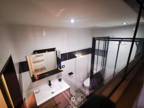 une salle de bain avec une douche, un lavabo et des toilettes dans l'établissement Au numéro 2 Le Zen, à Châteauroux