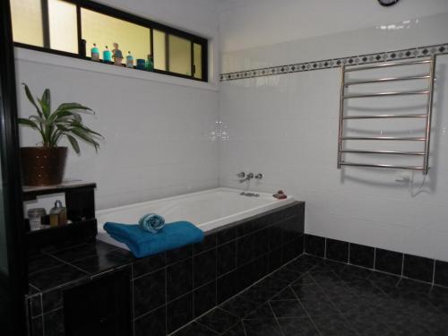 a bathroom with a bath tub with a blue towel at Werekataba in Mount Hutton