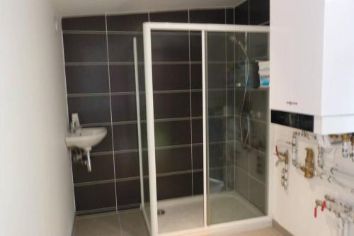 a bathroom with a shower and a sink at LES HAUTEURS DE TRESTRAOU in Perros-Guirec