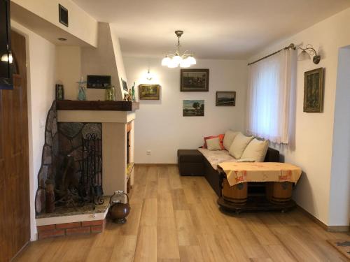 - un salon avec un canapé et une cheminée dans l'établissement Jaworzynka Nad Jeziorem, à Ostaszewo