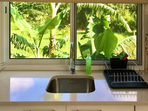um balcão de cozinha com um lavatório e uma janela em Azores Casa Atlantis em Nordeste
