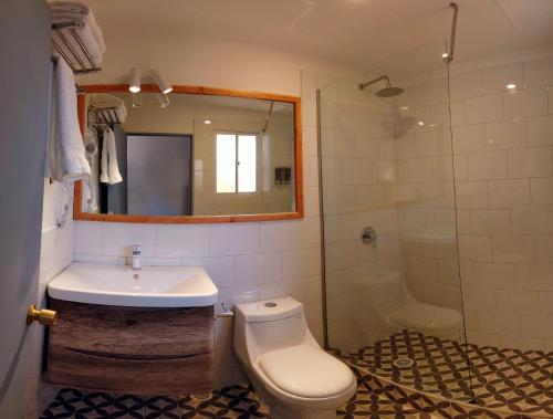 ein Badezimmer mit einem WC, einem Waschbecken und einem Spiegel in der Unterkunft Hotel Jardin Atacama in San Pedro de Atacama