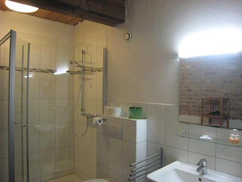 a bathroom with a shower and a sink at To`n Schlagboom in Wangerland