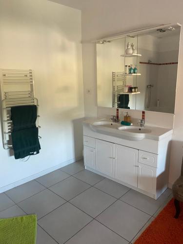 La salle de bains est pourvue d'un lavabo blanc et d'un miroir. dans l'établissement SPACIEUX T2 COSY SAINT-BRIEUC, à Saint-Brieuc