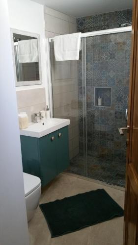 a bathroom with a toilet and a sink and a shower at Magdalene's City House Inn in Larnaka