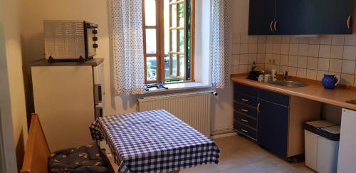 une cuisine avec un comptoir, un évier et une fenêtre dans l'établissement Gemütliche Ferienunterkunft direkt am Meer, à Holnis
