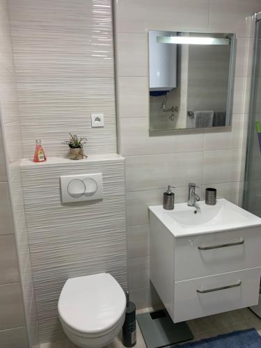 a bathroom with a white toilet and a sink at Sea&Center Lux in Bar