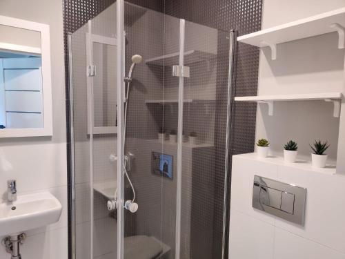 W łazience znajduje się prysznic ze szklanymi drzwiami. w obiekcie Ostrowo Plaza w Ostrowie