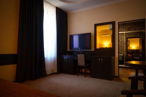 a hotel room with a television and a mirror at Delta Hotel in Vylkove