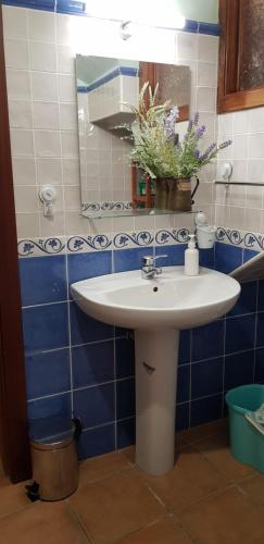 a bathroom with a white sink and blue tiles at Casa Ton del Mingo in Sant Cerni