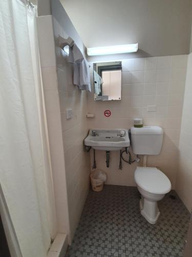 Baño pequeño con aseo y lavamanos en Hotel Allen en Townsville