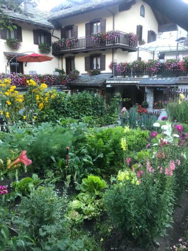 a garden in front of a building with flowers at Maison Laurent in Courmayeur