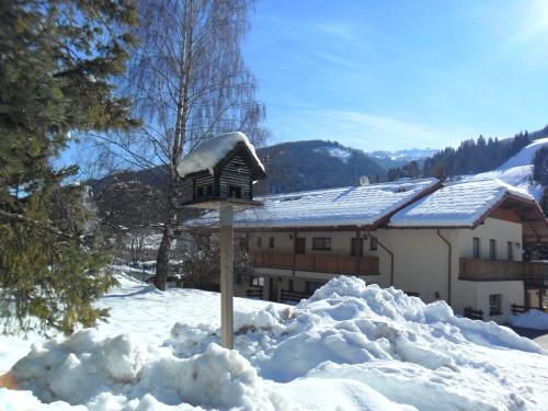 a bird feeder is covered in snow in front of a building at Appartement Bel Monte in Bad Kleinkirchheim