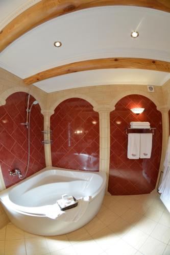a bath tub in a bathroom with red tiles at Turiyske Podvir'ya in Blazhennik