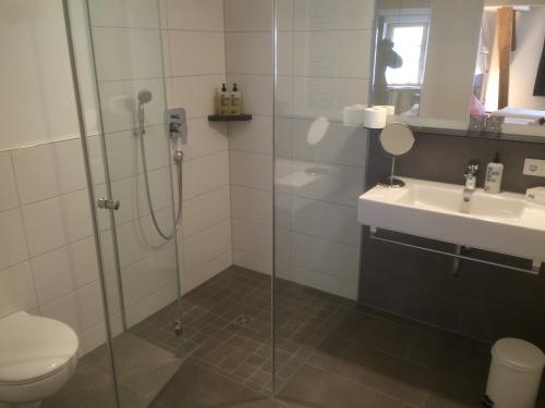 a bathroom with a shower and a toilet and a sink at Zum Hirschen - hotel & gasthaus beim stöckeler in Scheidegg
