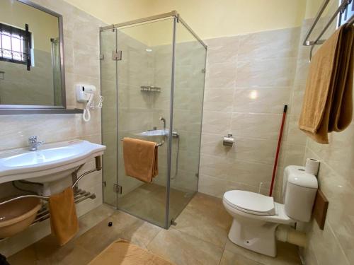 a bathroom with a shower and a toilet and a sink at The Monalysa Suites & Residence in Grand Baie