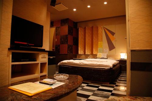 a hotel room with a bed and a table with a television at HOTEL K's GOMANGOKU adult only 