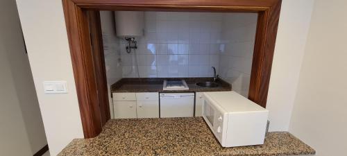 una piccola cucina con lavandino e frigorifero di Apartamentos Elena a Laredo