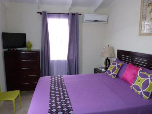a bedroom with a purple bed and a window at Hopeville Apartments in Christ Church