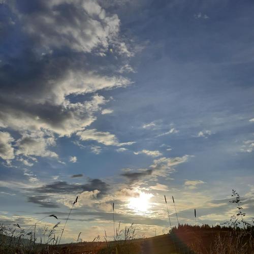 a cloudy sky with the sun in a field at Омріяні Карпати in Smozhe