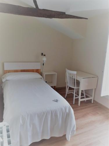 a bedroom with a bed and a desk and a chair at Hostal Lierganes Fluviarium Rooms in Liérganes