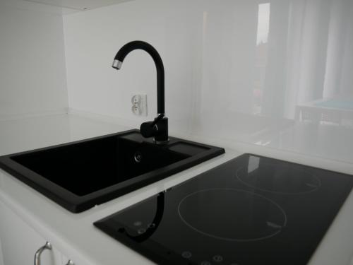 ein schwarzes Waschbecken mit einem Wasserhahn in der Küche in der Unterkunft Wisełka Apartamenty Sea & Lake in Wisełka