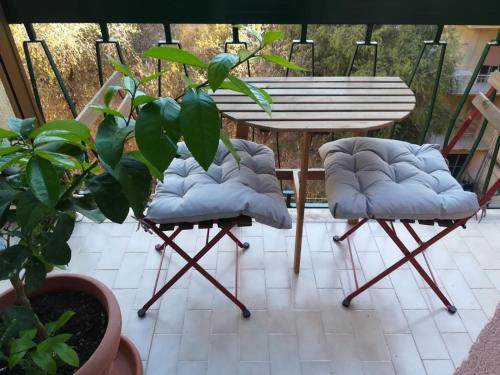 duas cadeiras e uma mesa num pátio com uma planta em Silibardi em Agrigento