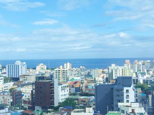 a view of a city with buildings and the ocean at ARA Palace Hotel in Jeju