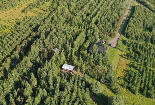 an aerial view of a house in the middle of a forest at Bakkakot 1 - Cozy Cabins in the Woods in Akureyri