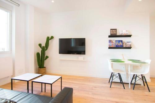 een woonkamer met een cactus en een tv aan de muur bij 1 bedroom 1 bathroom furnished - Salamanca - executive style - MintyStay in Madrid