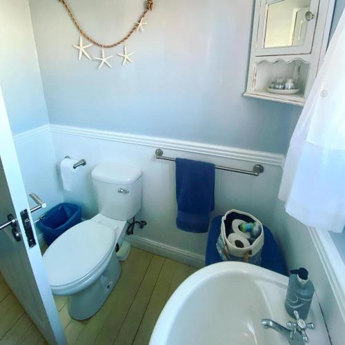 a bathroom with a white toilet and a sink at Kaiha (Witsand, Western Cape) in Witsand