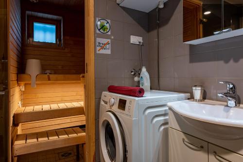a bathroom with a washing machine and a sink at Saimaa Life Apartments in Imatra