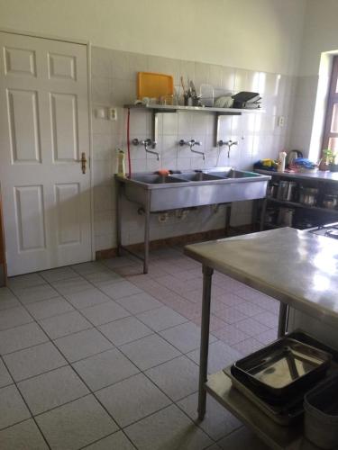 a kitchen with a sink and a table in it at Vadaspuszta Vendeghaz in Csatka
