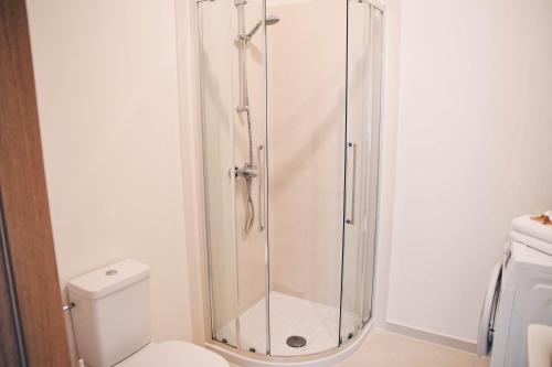 a shower stall in a bathroom with a toilet at Hygge style apartment Nida in Nida